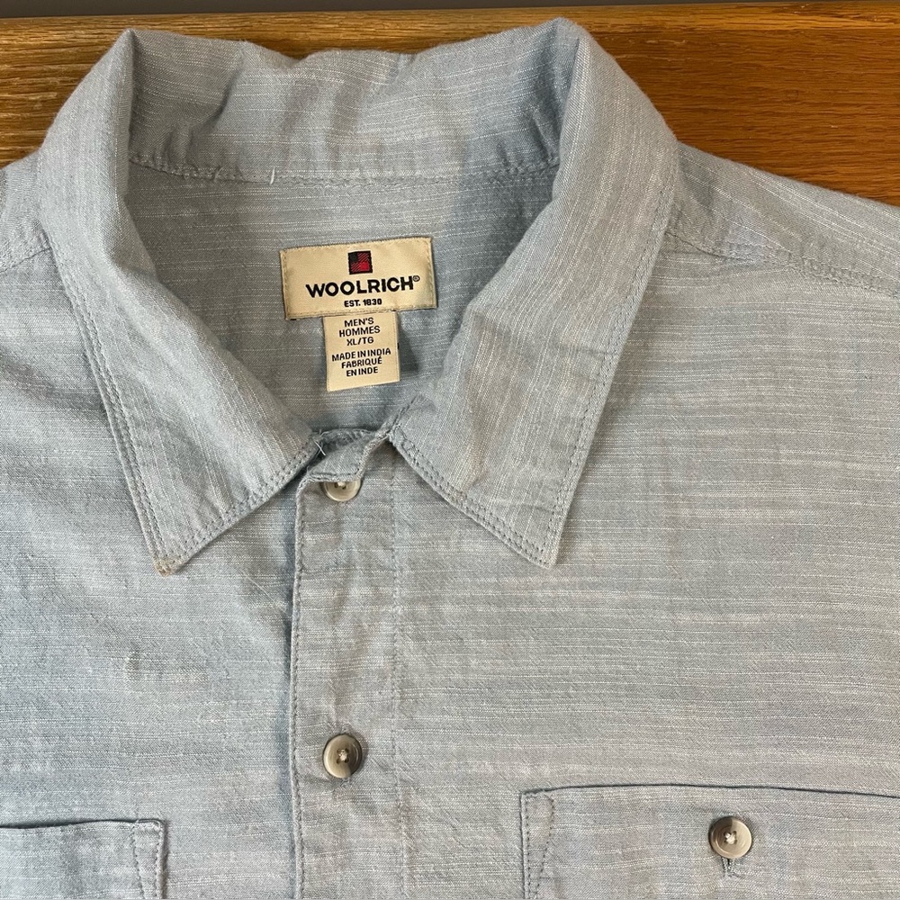 Woolrich Shirt Men's XL SS Light Blue Solid Cotton Lightweight Resortwear Summer